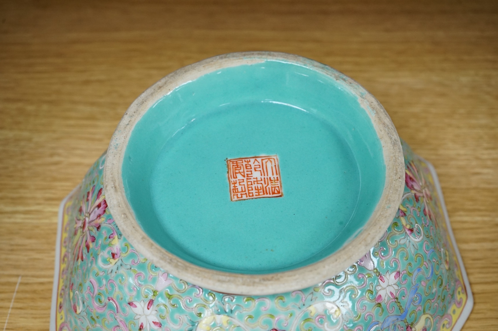 A Chinese enamelled porcelain turquoise ground hexagonal dish, Qianlong mark, late 19th century, 21cm in diameter